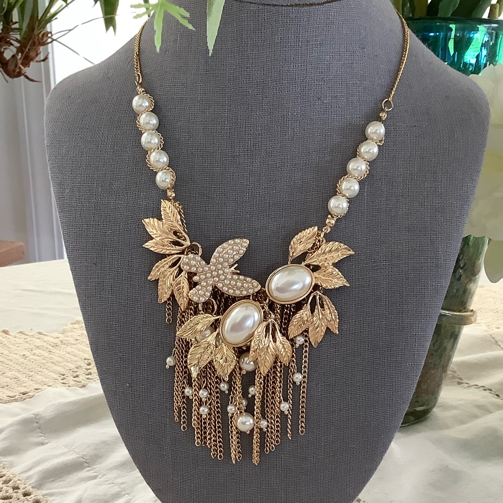 Gold & Pearl Costume Statement Necklace With Butterfly